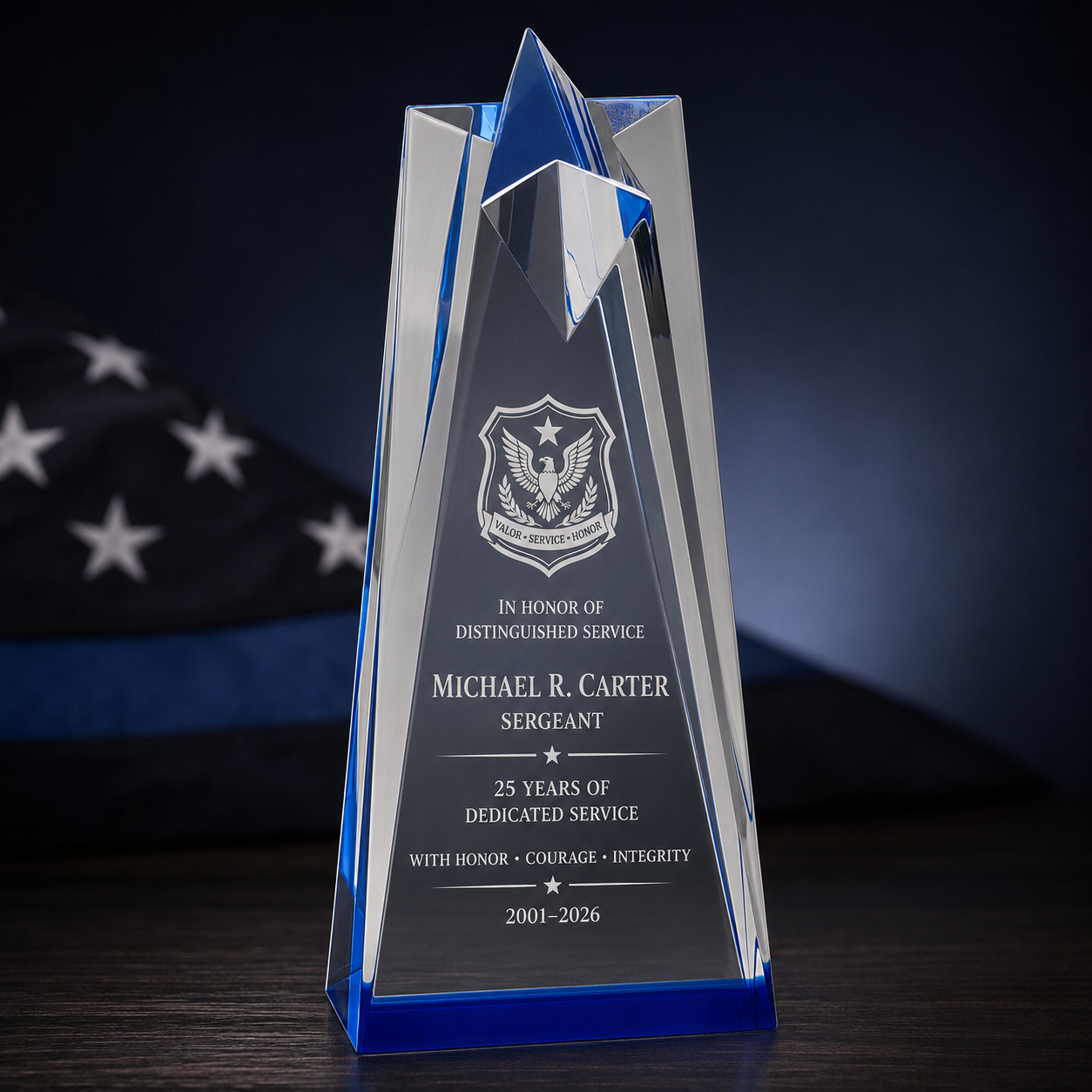 Personalized Military Star Achievement Award – Blue Sculpted Acrylic