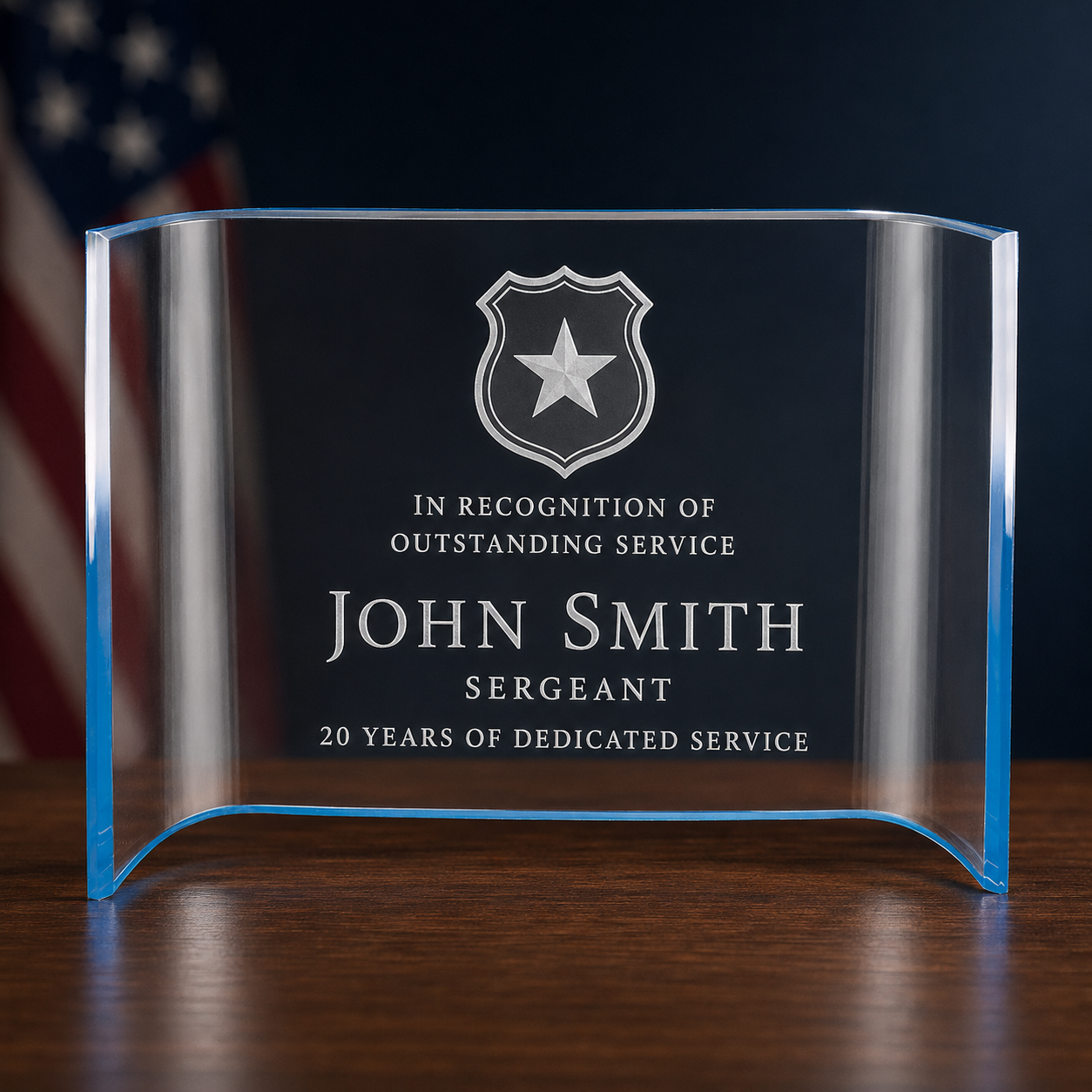 Personalized Blue Acrylic Crescent Service Award – Police, Military & First Responders