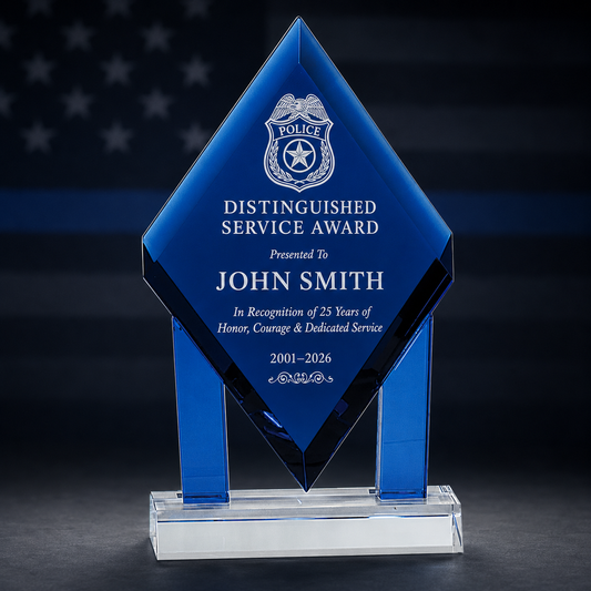Floating Diamond Crystal Award with Blue Columns Personalized Police, Military & First Responder