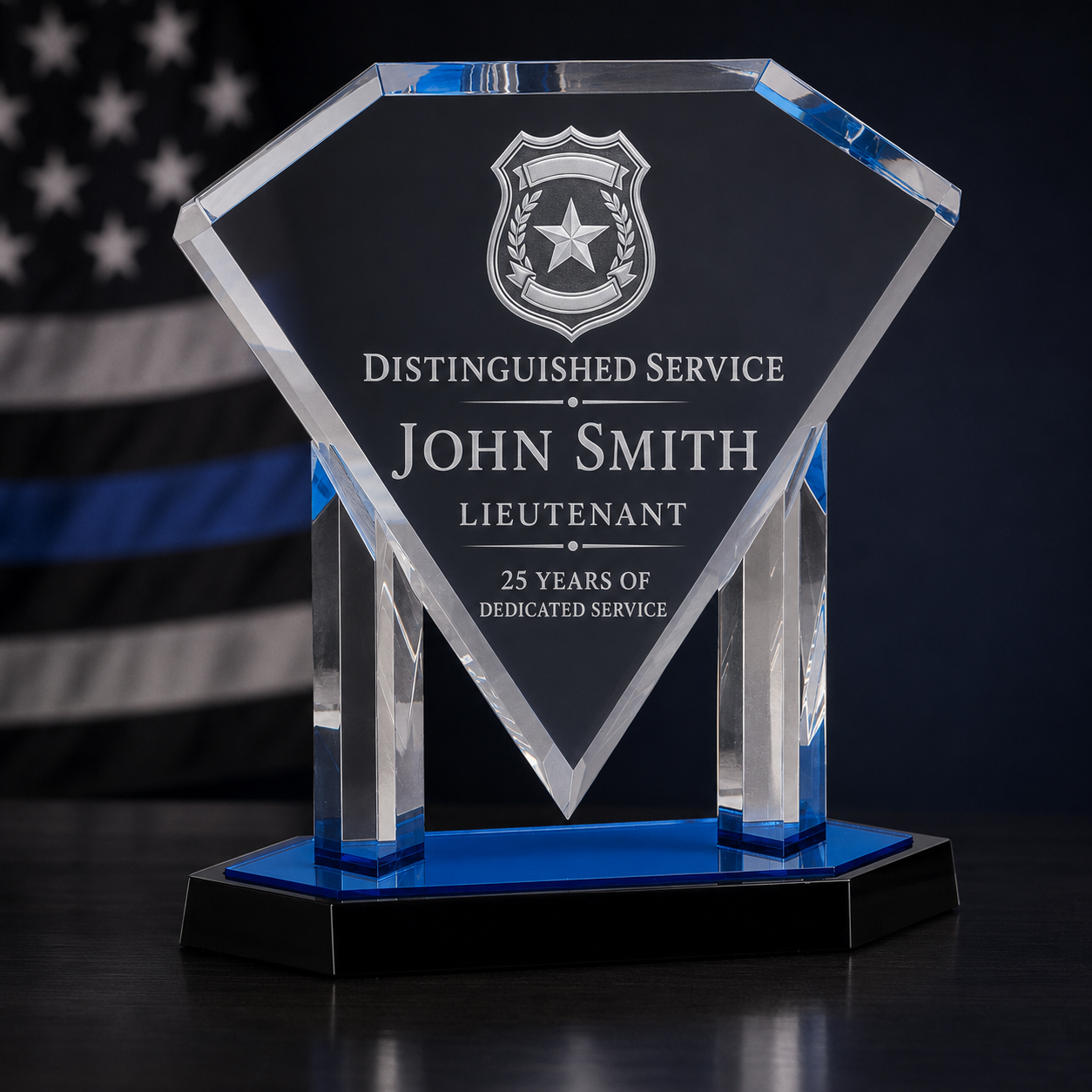 Custom Blue Veteran & Military Appreciation Award -Blue Floating Diamond Acrylic
