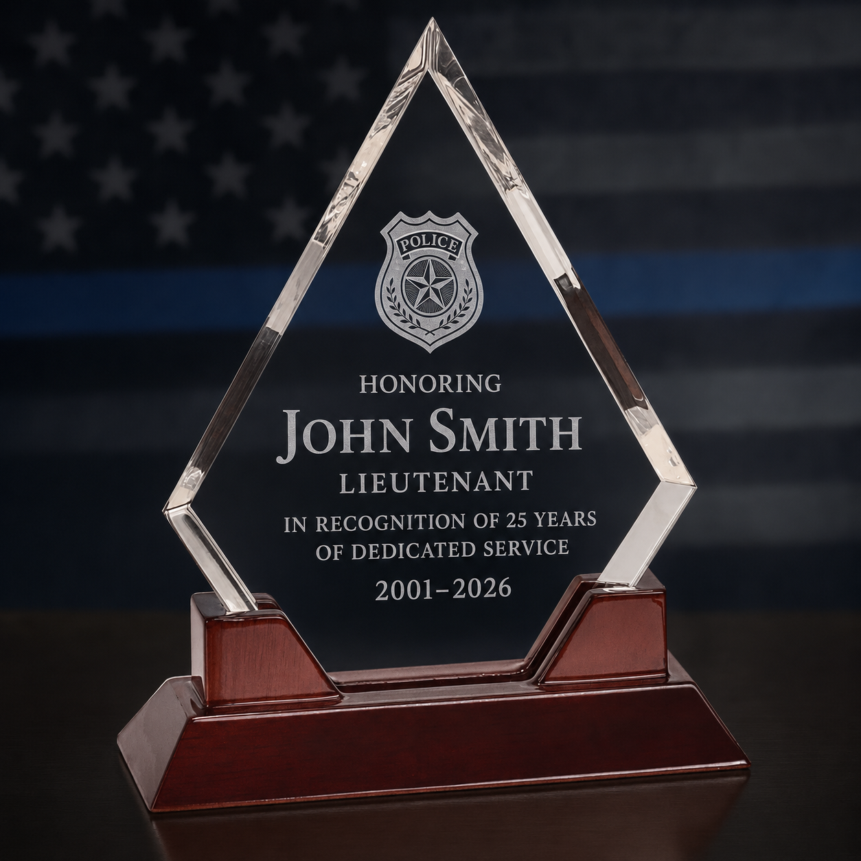 Personalized Police, Military & First Responder Diamond Acrylic Award with Rosewood Base