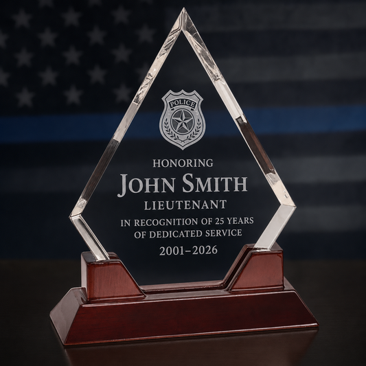 Personalized Police, Military & First Responder Diamond Acrylic Award with Rosewood Base