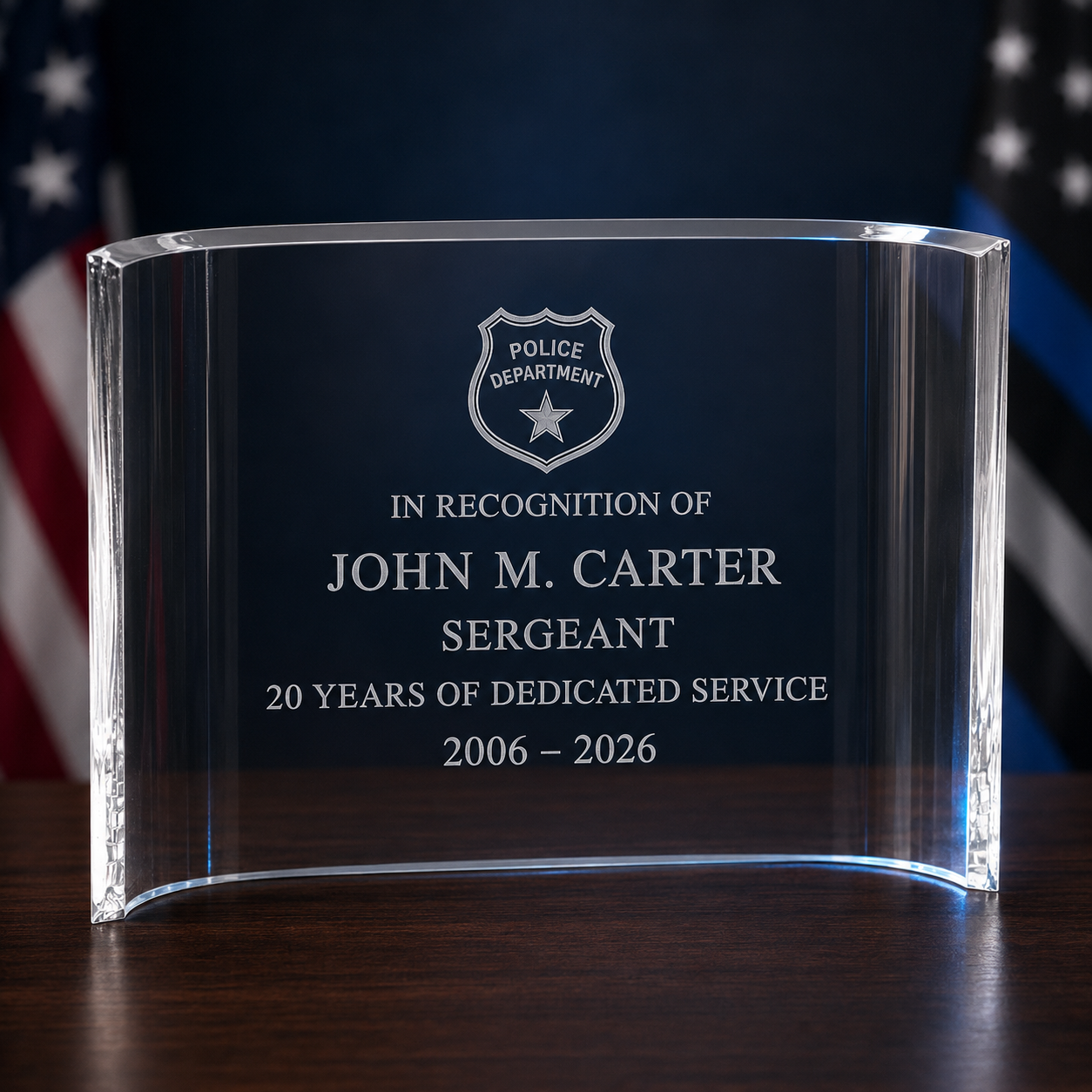 Personalized Clear Acrylic Crescent Recognition Award – Police, Military & First Responders
