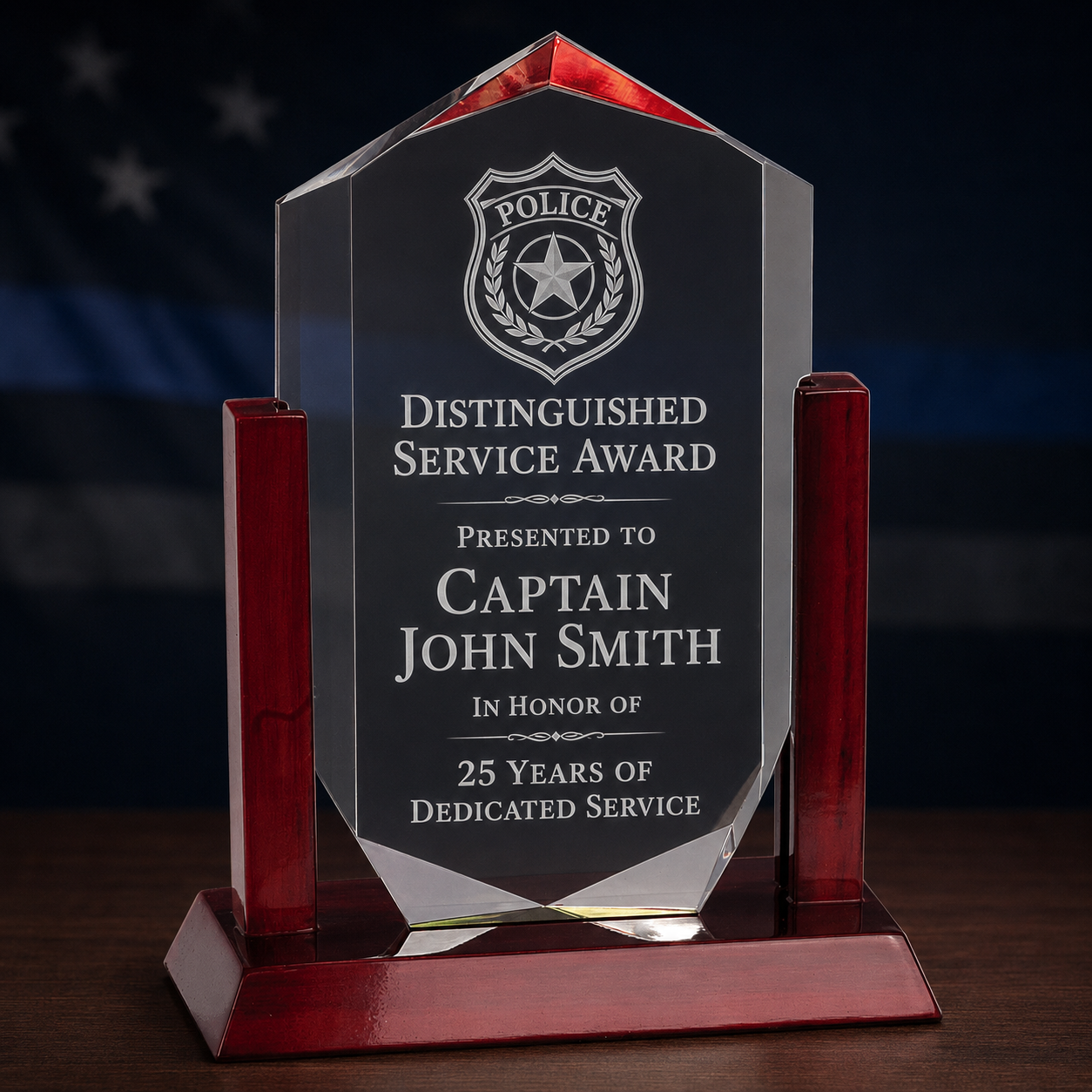 Personalized Police Retirement Award – Royal Crown Acrylic with Rosewood Frame