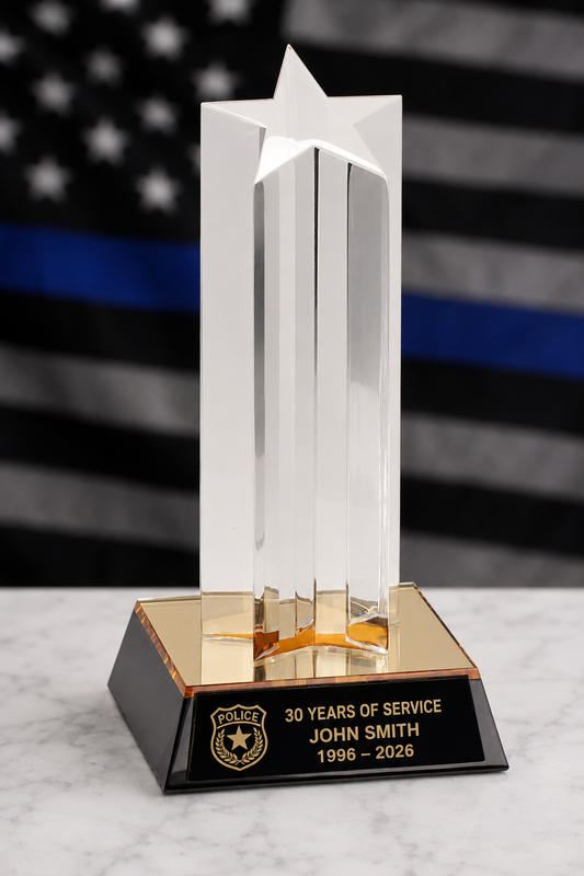 Personalized Law Enforcement Excellence Award – Star Column Acrylic with Gold & Black Base