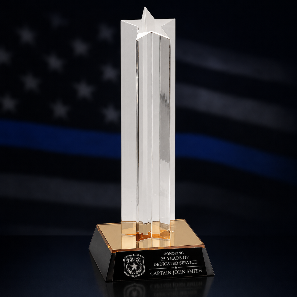 Personalized Law Enforcement Excellence Award – Star Column Acrylic with Gold & Black Base