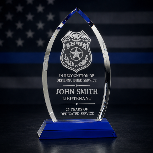 Personalized Police& Military Retirement Award – Oval Crystal with Blue Pedestal Base