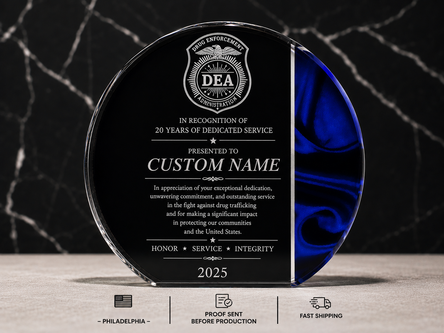 Blue Velvet Acrylic Award | Custom Recognition, Promotion & Retirement Gift
