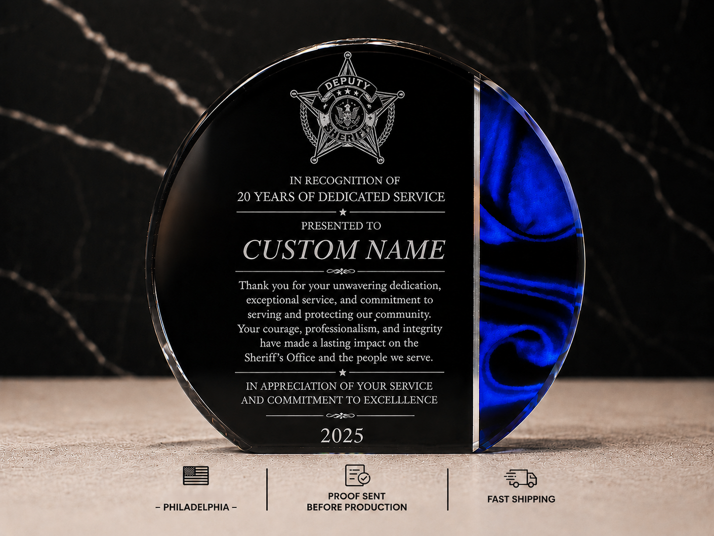 Blue Velvet Acrylic Award | Custom Recognition, Promotion & Retirement Gift