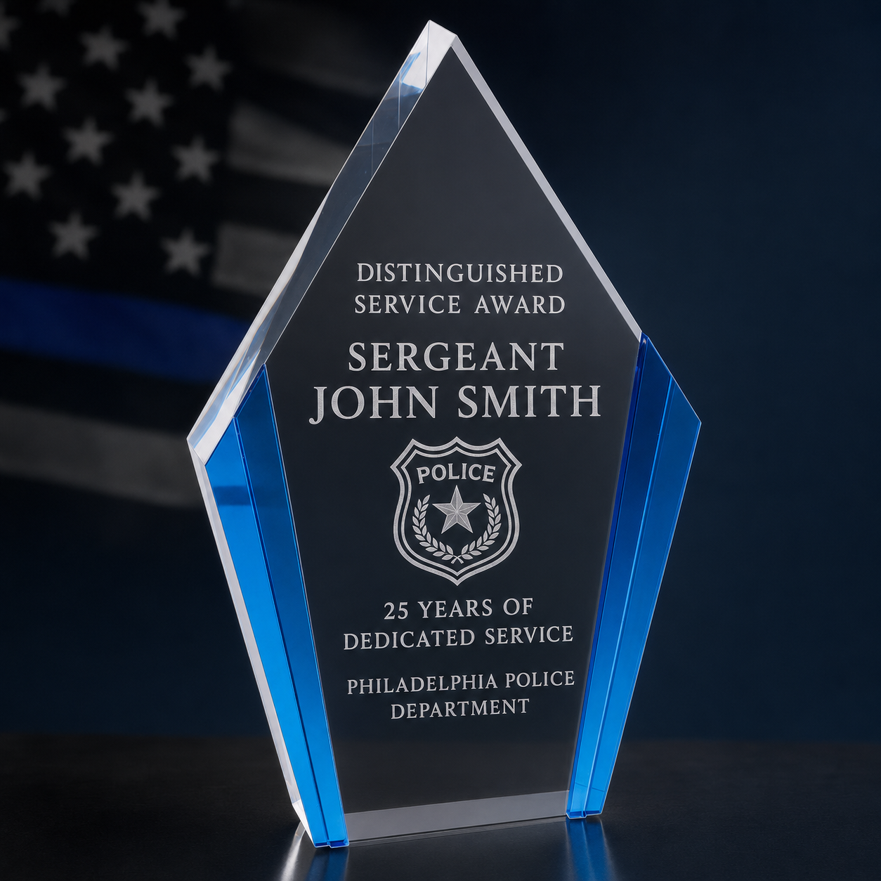 Diamond Acrylic with Blue Edges- Custom Police, Firefighter & EMT Community Service Award
