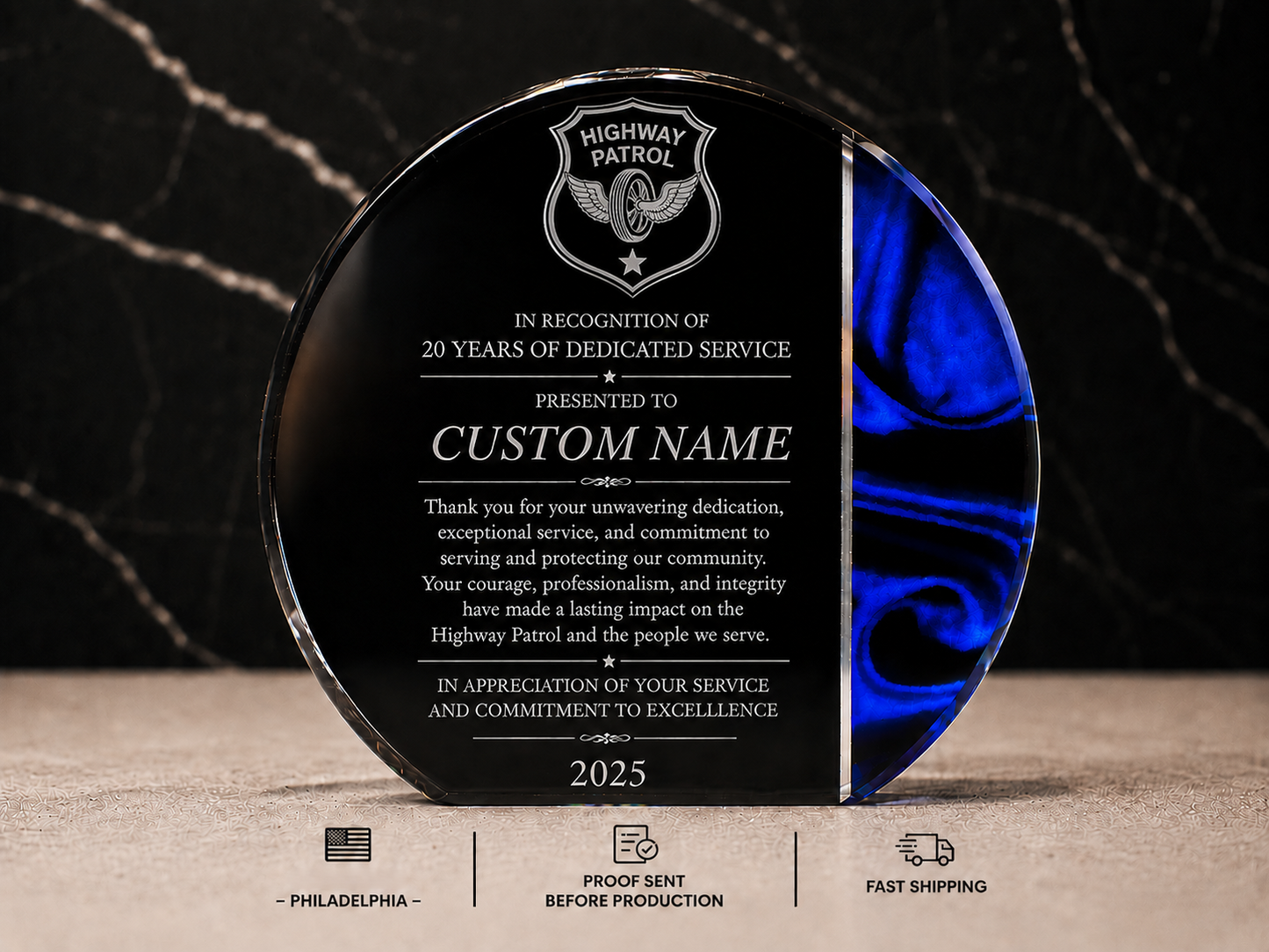 Blue Velvet Acrylic Award | Custom Recognition, Promotion & Retirement Gift