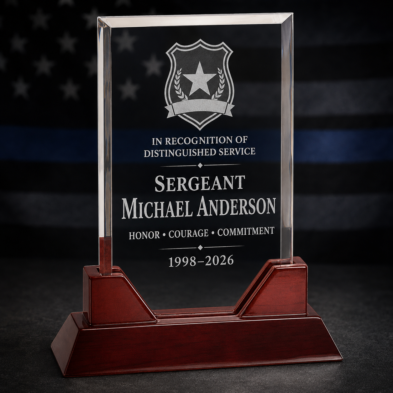 Custom Firefighter Retirement & Service Award Rectangle Acrylic with Rosewood Base